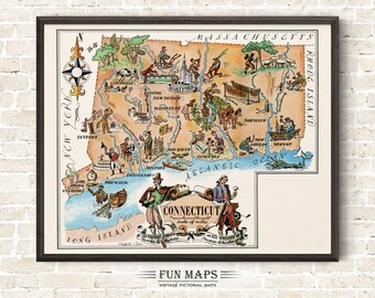 Fun State Map of Connecticut – Vintage Pictorial Whimsical Cartoon Print Illustration from 1940’s by Liozu | Wall Art Décor | Gift | Poster