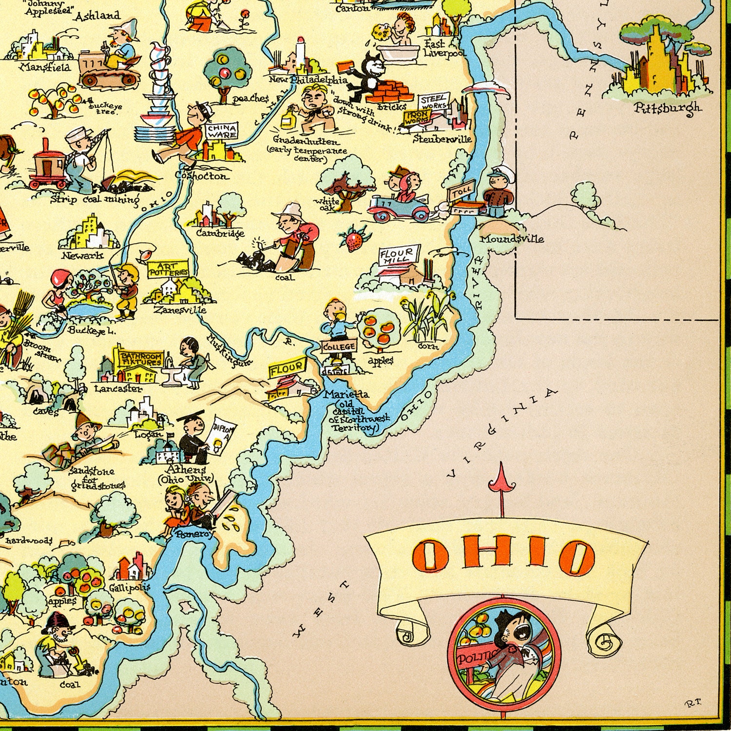 Pictorial Map of Ohio Colorful Fun Illustration of Vintage | Etsy