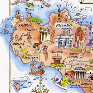 Fun Map of Sicily in Italy Vintage Pictorial Whimsical Cartoon Old Print Illustration Italian Wall Art Gift Travel Poster Adventure Map image 5