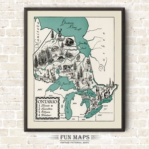 Mapa de Ontario, Canadá: Divertida ilustración vintage con dibujos animados, impresiones antiguas, aventuras, arte de pared, decoración, póster de regalo.