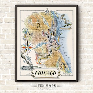 Carte amusante de Chicago, Illinois - vintage pictural fantaisiste dessin animé impression vieille illustration aventure art mural décoration cadeau poster