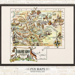 Mapa divertido del estado de Colorado: ilustración vintage con dibujos animados, aventura, decoración de pared, regalo y póster.