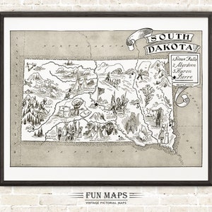 Mapa vintage del estado de Dakota del Sur: ilustración divertida, pictórica y divertida, ideal para decorar paredes, regalos y pósteres.