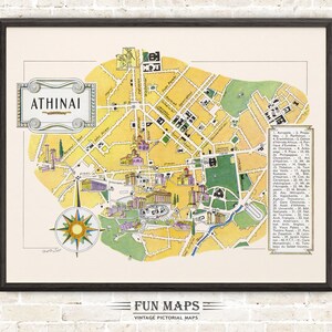 Mapa divertido de Atenas en Grecia, dibujo animado antiguo, ilustración, arte de pared, regalo, póster de viaje, mapa de aventuras