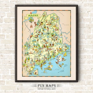 Carte amusante de l'État du Maine – illustration vintage d'impression de dessin animé lunatique pictural | Aventure | Poster cadeau déco murale