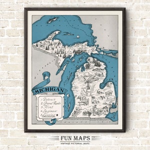 Mapa divertido de Michigan: Ilustración vintage de dibujos animados de Johst, decoración de pared, póster de regalo