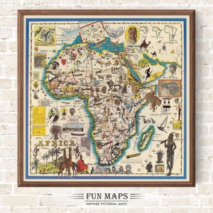 Mapa divertido de África, antiguo, pictórico, caprichoso, dibujo animado, geografía, impresión, ilustración, arte mural africano, decoración, regalo, póster de viajes de aventura