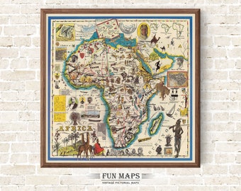 Fun Map of Africa Vintage Old Pictorial Whimsical Cartoon Geography Print Illustration African Wall Art Décor Gift Adventure Travel Poster