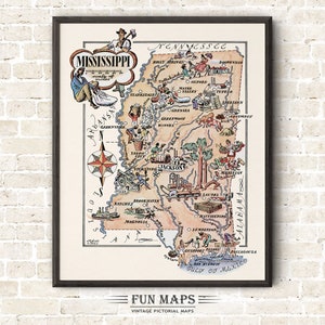 Mapa divertido del estado de Misisipi: ilustración vintage con dibujos animados, aventura, decoración de pared, regalo y póster.