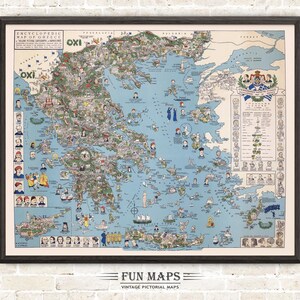 Mapa enciclopédico divertido de Grecia, ilustraciones pictóricas antiguas, arte mural griego, regalo, póster de viaje, mapa de aventuras