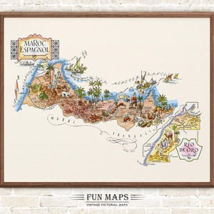 Mapa divertido del Marruecos español en el norte de África, ilustración antigua, pictórica y caprichosa, arte mural africano, póster de viaje, aventura.