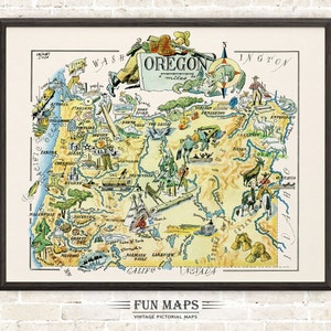 Mapa divertido del estado de Oregón: ilustración vintage con dibujos animados, aventura, decoración de pared, regalo y póster.
