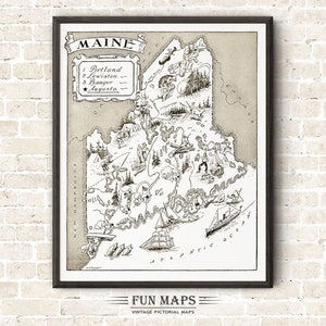 Mapa vintage del estado de Maine: divertida ilustración pictórica y divertida, ideal para decorar paredes, regalos y pósteres.