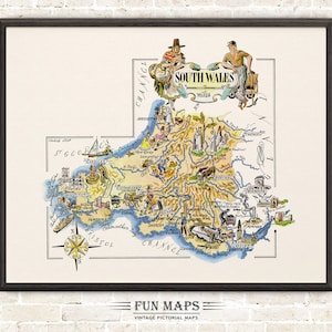 Lustige Karte von Südwales in Großbritannien, England, UK, Vintage bildliche wunderliche alte Druck Illustration Abenteuer Wand Kunst Dekor Geschenk