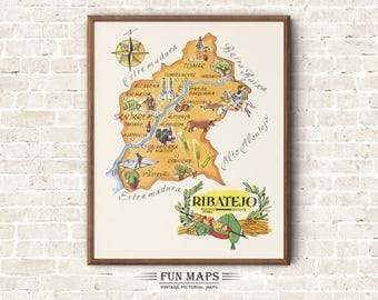 Fun Map of Ribatejo in Portugal Vintage Pictorial Whimsical Cartoon Old Print Illustration Spanish Wall Art Gift Travel Poster Adventure Map