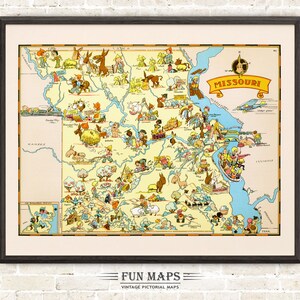 Mapa divertido del estado de Misuri: ilustración vintage con dibujos animados, aventura, decoración de pared, póster de regalo