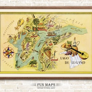 Fun Map of Lago Di Lugano in Switzerland - Vintage Pictorial Whimsical Cartoon Print Illustration Adventure Wall Art Décor Gift Poster