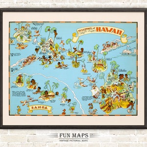 Mapa divertido del estado de Hawái: ilustración vintage con dibujos animados, aventura, decoración de pared, póster de regalo