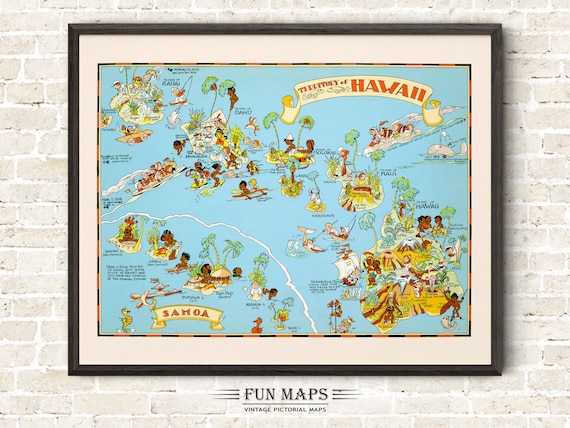 Fun State Map of Hawaii – Vintage Pictorial Whimsical Cartoon