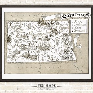 Mapa vintage del estado de Dakota del Norte: ilustración divertida, pictórica y divertida, para decorar paredes, regalos y pósteres.