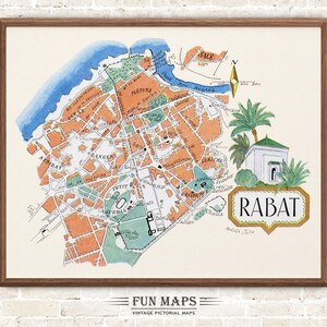 Mapa divertido de Rabat, África del Norte, vintage, pictórico, caprichoso, caricatura, impresión antigua, ilustración, arte mural africano, regalo, póster de viaje, mapa de aventuras