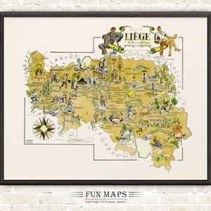 Carte amusante de Liège en Belgique, illustration vintage d'impression de dessin animé lunatique pictural | Aventure | Art mural décoratif | Cadeau | Affiche