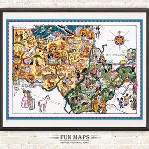 May include: A framed vintage pictorial map of the United States, featuring colorful illustrations of various states. The map includes the text "FUN MAPS" and "VINTAGE PICTORIAL MAPS". The frame is dark, and the map is bordered with blue and red.
