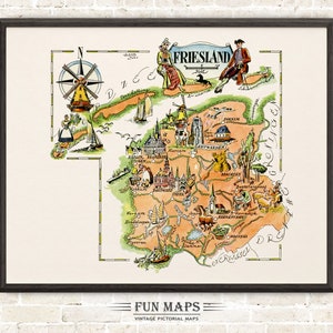 Carte amusante de la Frise aux Pays-Bas, illustration vintage d'impression fantaisiste picturale | Aventure | Cadeau de décoration d'art mural | Affiche
