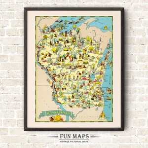 Mapa divertido del estado de Wisconsin: ilustración vintage con dibujos animados, aventura, decoración de pared, póster de regalo