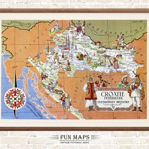 Mapa antiguo de Croacia en Europa, impresión de dibujos animados pictóricos vintage, ilustración, arte de pared, decoración, regalo, póster de viaje, mapa de aventuras