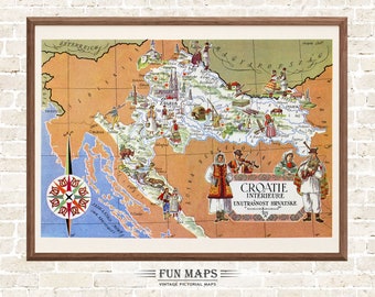 Old Map of Croatia in Europe Vintage Pictorial Whimsical Cartoon Print Illustration by Liozu Wall Art Décor Gift Travel Poster Adventure Map