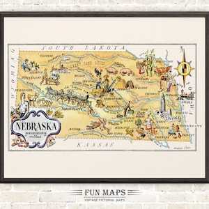 Mapa divertido del estado de Nebraska: ilustración vintage con dibujos animados, aventura, decoración de pared, regalo y póster.