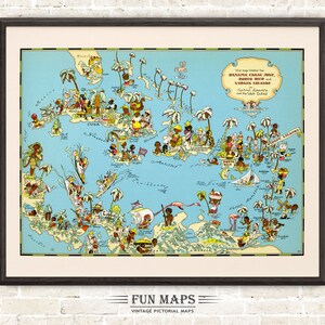 Mapa divertido da zona do Canal do Panamá - Porto Rico - Ilhas Virgens Aventura Pictorial Vintage Print Ilustração Arte de parede Decoração