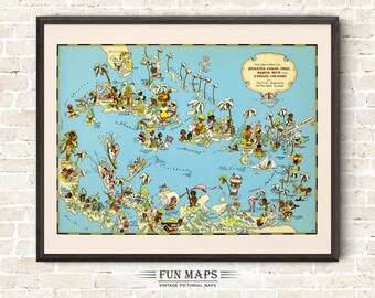 Fun Map of Panama Canal Zone - Puerto Rico - Virgin Islands from the 1930's by R Taylor Pictorial Vintage Print Illustration Wall Art Décor