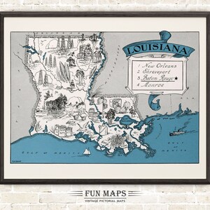 Mapa divertido de Luisiana: Ilustración vintage de dibujos animados de Johst, decoración de pared, póster de regalo