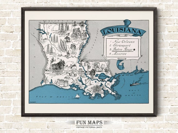 Fun Map of Louisiana – Vintage Pictorial Whimsical Cartoon Print