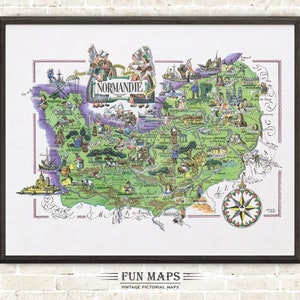 Zabawna mapa Normandii, francuskiej prowincji, Francja, FR - Vintage Pictorial Whimsical Cartoon Print Illustration Adventure Wall Art
