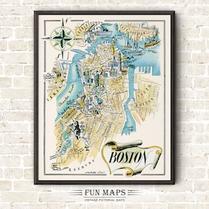 Mapa divertido de Boston, Massachusetts: ilustración antigua, dibujo animado, aventura, arte de pared, decoración, póster, regalo.