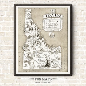 Mapa vintage del estado de Idaho: divertida ilustración pictórica con dibujos animados, aventura, decoración de pared, regalo y póster.