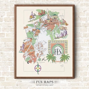Mapa divertido de Fez, África del Norte, vintage, pictórico, caprichoso, caricatura, impresión antigua, ilustración, arte mural africano, regalo, póster de viaje, mapa de aventuras