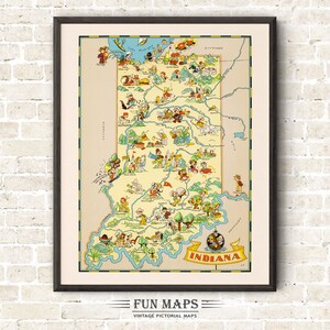 Mapa divertido del estado de Indiana: ilustración vintage con dibujos animados, aventura, decoración de pared, póster de regalo