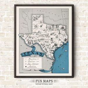 Mapa divertido de Texas: Ilustración vintage de dibujos animados de Johst, decoración de pared, póster de regalo