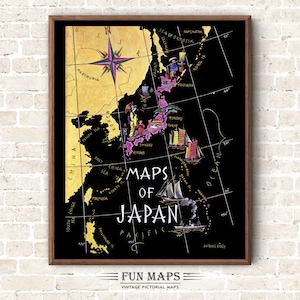 Mapa de Japón - Divertida ilustración vintage pictórica, caprichosa, de dibujos animados, antigua impresión, aventura, arte de pared, decoración, regalo, póster, viajes, geografía