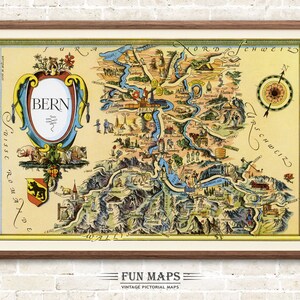 Mapa divertido de Berna, Suiza: ilustración vintage con dibujos animados, ilustraciones, aventuras, arte de pared, decoración, regalo, póster, viajes.
