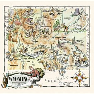 Fun State Map of Wyoming Vintage Pictorial Whimsical Cartoon Print Illustration from 1940s by Liozu Wall Art Décor Gift Poster image 2