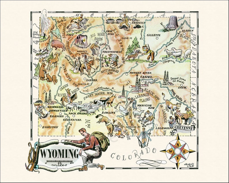 Fun State Map of Wyoming Vintage Pictorial Whimsical Cartoon Print Illustration from 1940s by Liozu Wall Art Décor Gift Poster image 2