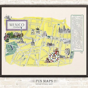 Mapa divertido de la Ciudad de México - Ilustración antigua de dibujos animados, pictóricos y caprichosos, aventura, arte de pared, decoración, regalo, póster, viaje