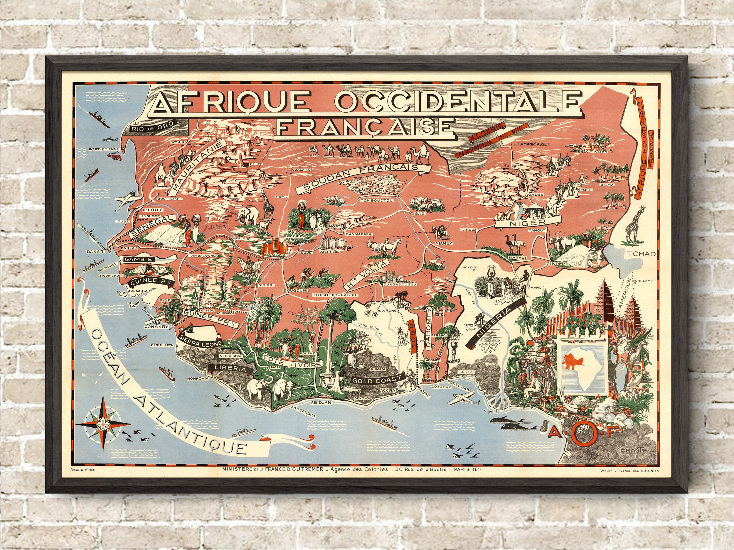 Fun Map of French West Africa Vintage Old Pictorial Cartoon