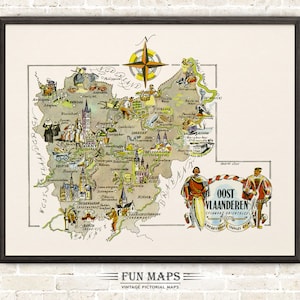 Lustige Karte von Ostflandern (Oost Vlaanderen) in Belgien, Vintage Bilddruck Illustration | Abenteuer | Wand Kunst Dekor | Geschenk