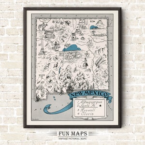 Mapa divertido de Nuevo México: Ilustración vintage de dibujos animados de Johst, decoración de pared, póster de regalo